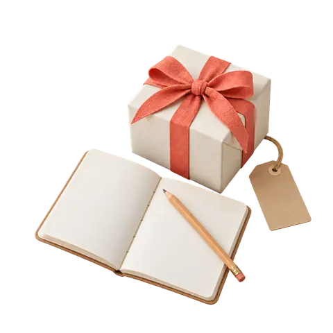 A gift tied with a coral ribbon beside an open notebook, pencil and blank tag.
